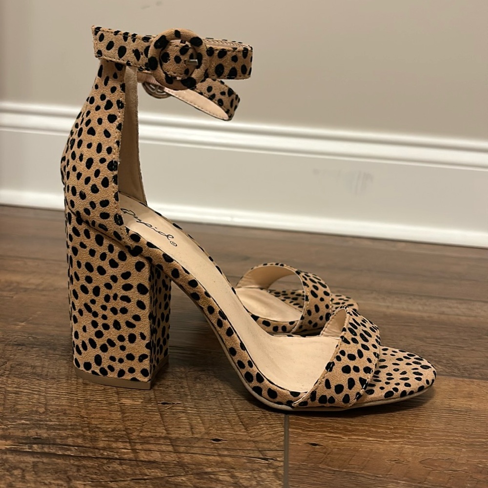 Qupid | Cheetah Print Ankle Strap Open Toe 4 Inch Heels
